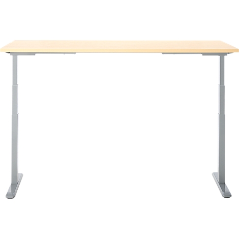 Bureau de couleur claire, aspect bois, avec cadre gris réglable en hauteur, isolé sur fond blanc.