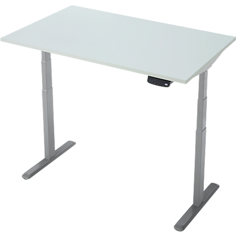 Un bureau blanc réglable en hauteur avec des pieds gris et un panneau de commande sous le plateau.