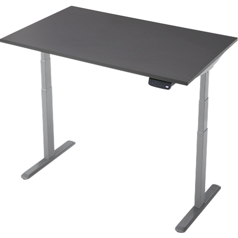Bureau gris réglable en hauteur sur fond blanc. Le plateau est rectangulaire, les pieds métalliques.