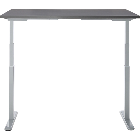 Bureau réglable en hauteur avec plateau gris et pieds blancs. Les pieds sont de forme rectangulaire.