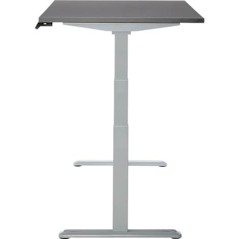 Bureau gris réglable en hauteur, plateau carré, cadre gris, isolé.