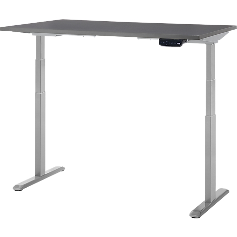 Bureau réglable en hauteur, plateau gris et pieds argentés, panneau de commande.