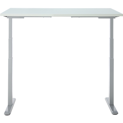 Un bureau blanc réglable en hauteur sur fond blanc.