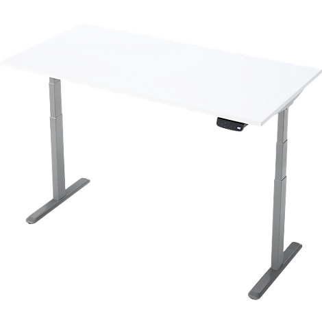Un bureau blanc réglable en hauteur avec un cadre gris. Le bureau est représenté sur un fond neutre.