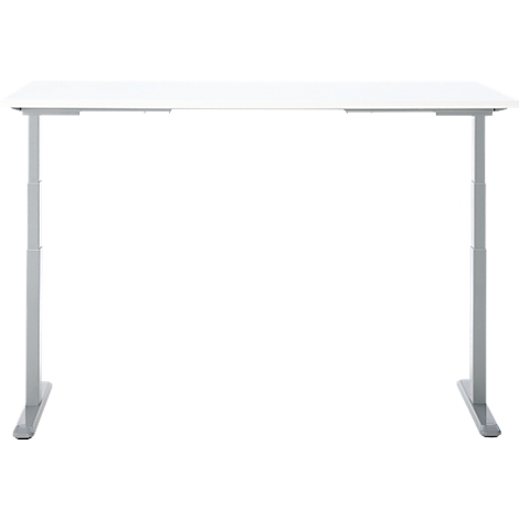 Un bureau réglable en hauteur, plateau blanc, cadre argenté.