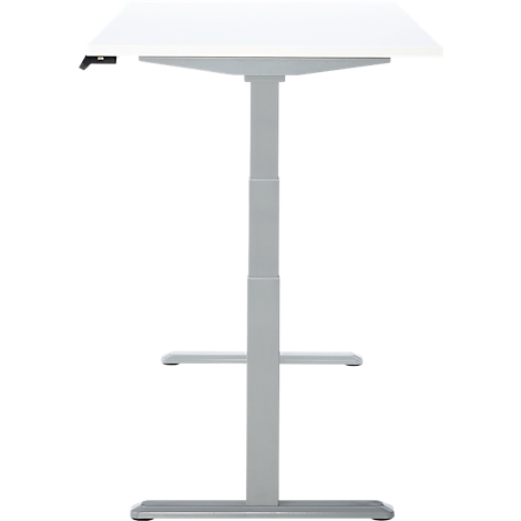 Bureau réglable en hauteur avec plateau blanc et cadre gris. Le bureau est montré debout.