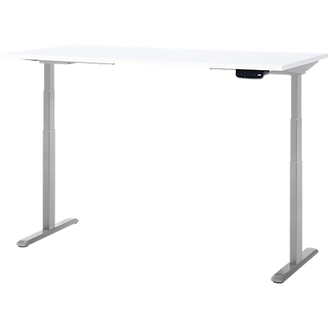 Bureau blanc réglable en hauteur avec des pieds gris.