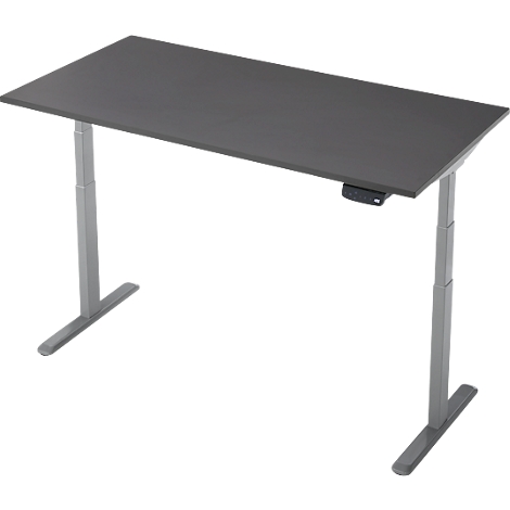 Bureau réglable en hauteur, dessus de table gris, panneau de commande sur le côté.