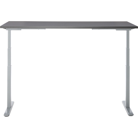 Un bureau gris réglable en hauteur avec un cadre argenté, sur fond blanc.