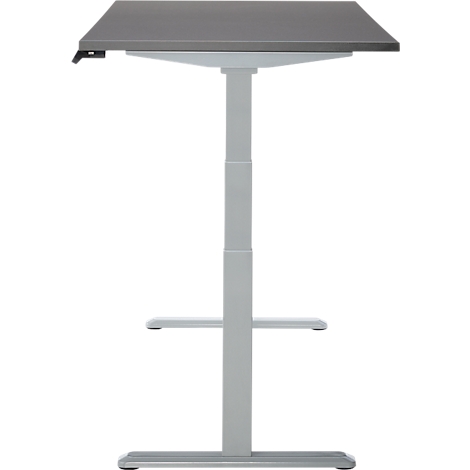 Bureau réglable en hauteur avec plateau gris et cadre argenté, sur fond blanc.