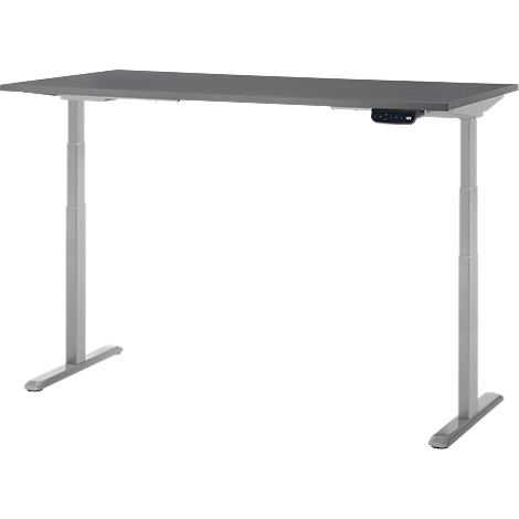 Bureau debout, gris, réglable en hauteur. Panneau de commande noir à droite. Deux pieds argentés.