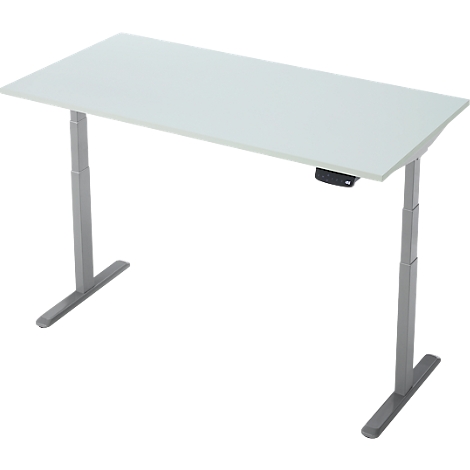 Un bureau blanc réglable en hauteur. Il a deux pieds gris et un plateau rectangulaire. Il y a un panneau de contrôle sur le côté droit.