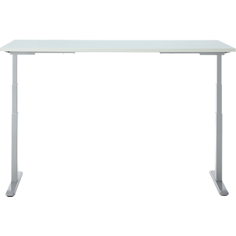 Un bureau blanc réglable en hauteur ; pieds en métal gris, plateau rectangulaire.