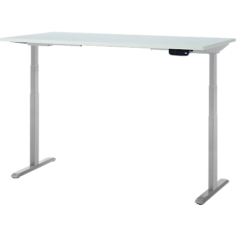 Bureau réglable en hauteur de couleur claire, avec des pieds gris et un plateau blanc. Panneau de commande noir sur le côté droit.