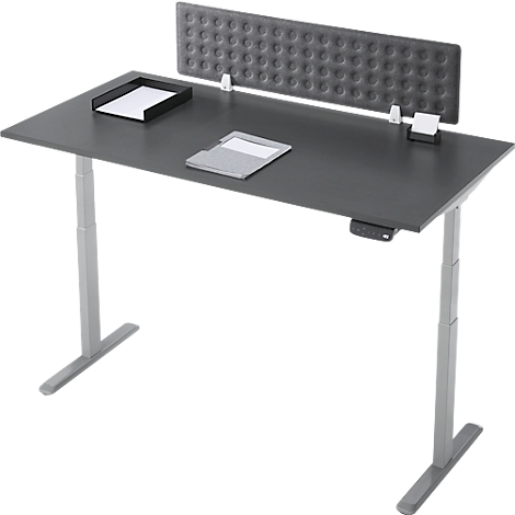 Bureau réglable en hauteur, anthracite, avec pieds gris, accessoire de bureau et plateau.