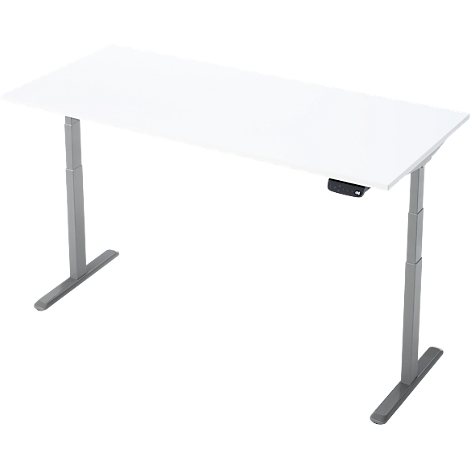 Un bureau blanc avec des pieds argentés réglables. Il y a des commandes sur le bord du bureau.