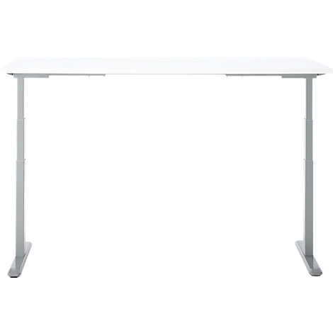 Un bureau blanc réglable en hauteur avec des pieds argentés. Le bureau est devant un fond blanc.
