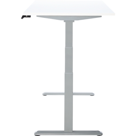 Un bureau blanc réglable en hauteur. Sur un cadre gris clair, avec un plateau de table carré.
