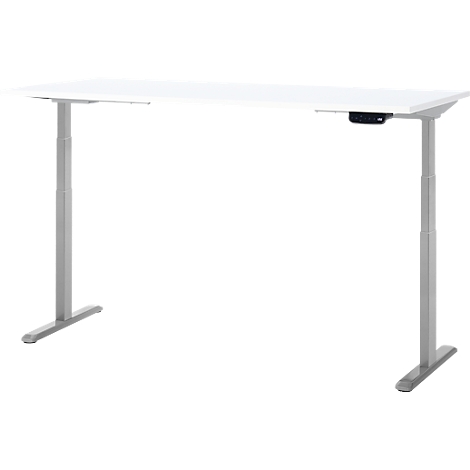 Bureau blanc réglable en hauteur avec pieds argentés, panneau de commande noir.