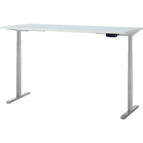 Bureau blanc à hauteur réglable. Pieds gris et une unité de contrôle sur le bord de la table.