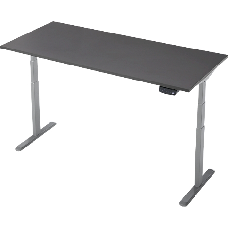 Un bureau gris réglable en hauteur ; plateau et cadre en différentes nuances de gris. Panneau de commande sur le côté.