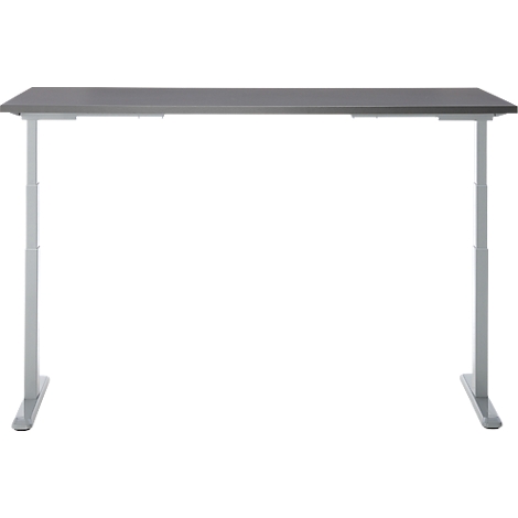 Bureau réglable en hauteur sur fond blanc. Le plateau est gris, les pieds sont blancs.