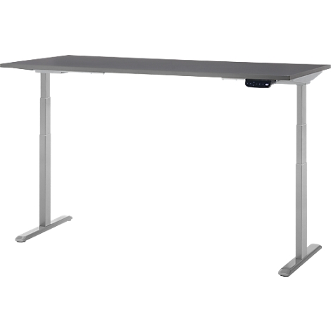 Bureau gris réglable en hauteur avec cadre gris. Sur la droite se trouve une commande de réglage de la hauteur.