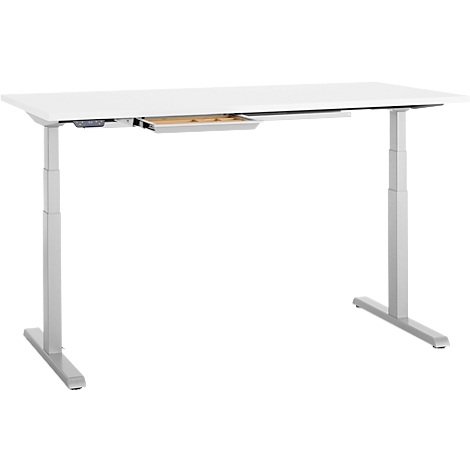 Un bureau blanc réglable en hauteur, le tiroir est sorti.