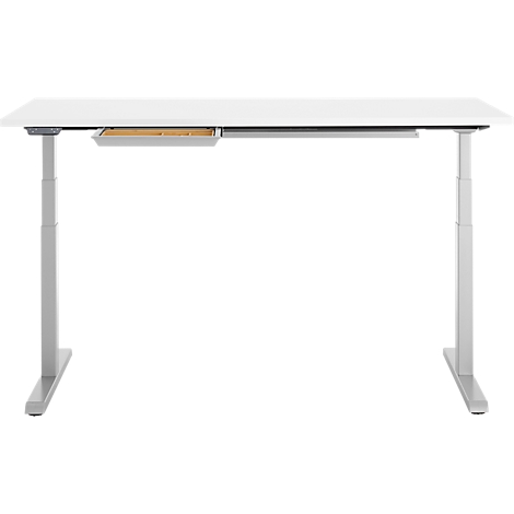 Bureau blanc réglable en hauteur sur fond blanc, avec tiroir encastré.