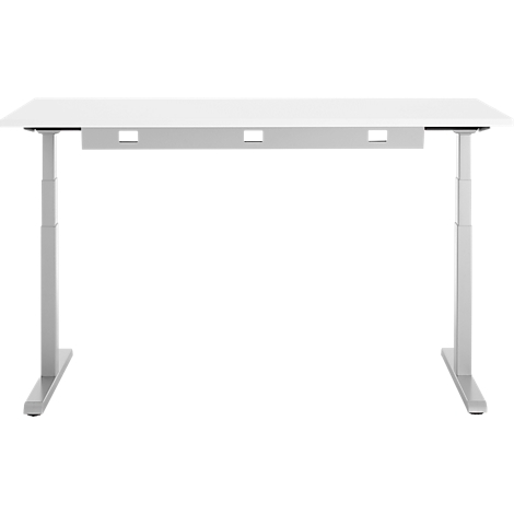 Bureau blanc réglable en hauteur soutenu par un cadre gris.