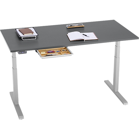 Bureau gris avec tiroir en bois, cahier, stylo, livres et organisateur.