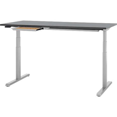 Bureau réglable en hauteur avec plateau gris et pieds argentés, tiroir pour clavier partiellement sorti.