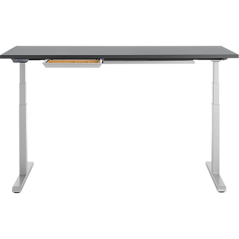 Bureau gris avec tiroir coulissant. Le cadre et le tiroir sont gris clair.