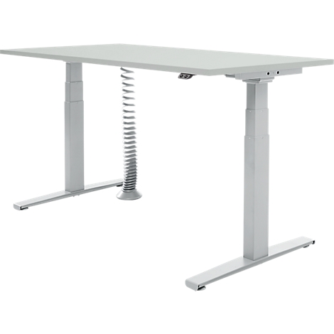 Un bureau blanc réglable en hauteur avec un cadre argenté et une spirale de câble sur fond blanc.
