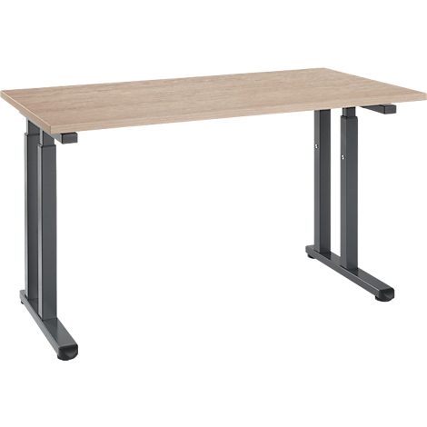 Bureau brun clair avec cadre réglable en hauteur de couleur anthracite. Plateau rectangulaire, posé sur deux pieds.