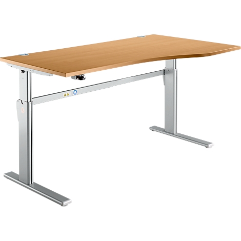 Bureau réglable en hauteur, marron clair, avec pieds argentés et un plateau de table de couleur claire.