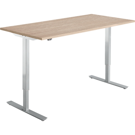 Un bureau réglable en hauteur avec un plateau marron clair et des pieds argentés, sur fond blanc.