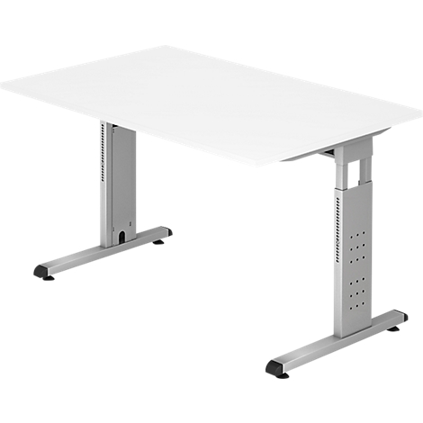 Bureau blanc réglable en hauteur avec pieds en métal gris. Le plateau est rectangulaire. Les pieds sont en forme de T.