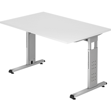 Un bureau blanc réglable en hauteur. Le cadre est argenté.