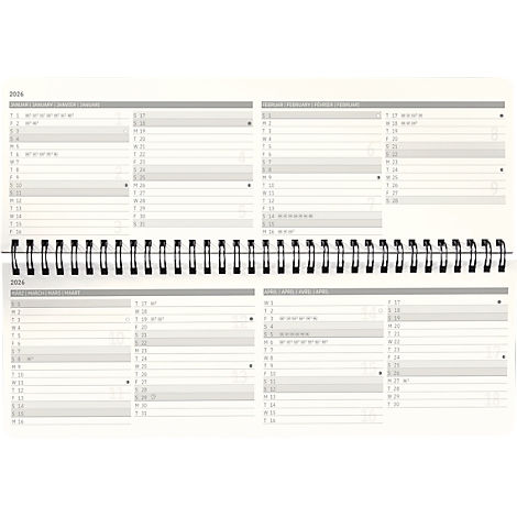 Open 2026 planner met grijze pagina's en zwarte spiraal. De pagina's zijn verdeeld in weken.