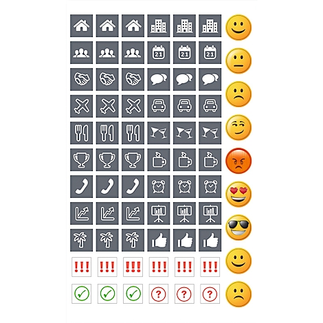 Een collage van pictogrammen in grijze vierkanten en emoticons rechts. De pictogrammen tonen huizen, mensen, handen, tekstballonnen, vliegtuigen, bestek, trofeeën, koffiekopjes, telefoons, klokken, grafieken, presentaties, palmbomen, duimen omhoog...