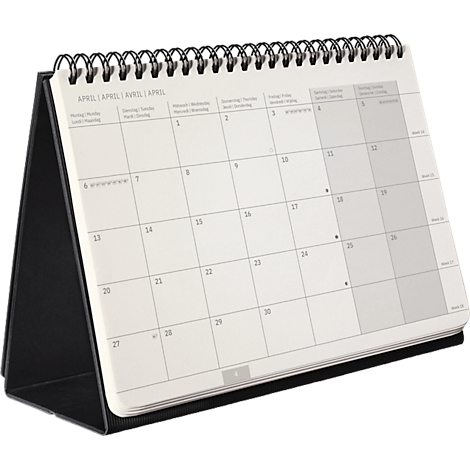 Bureaukalender open in april. Zwarte standaard, witte pagina's met zwarte vierkanten. Spiraalbinding bovenaan.