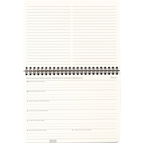 Open notitieboek met spiraalbinding, gelijnd papier en weekschema, gemarkeerd met "Weekplanning" en dagen van de week.