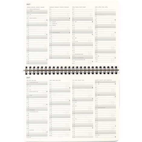 Een open, witte kalender met spiraalbinding. De pagina's zijn bedrukt met grijze velden voor dagen, weken en maanden.
