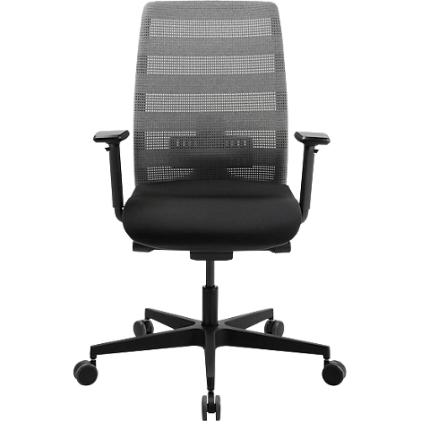 Bureaustoel met zwart frame, zitting en armleuningen, grijze mesh rugleuning.