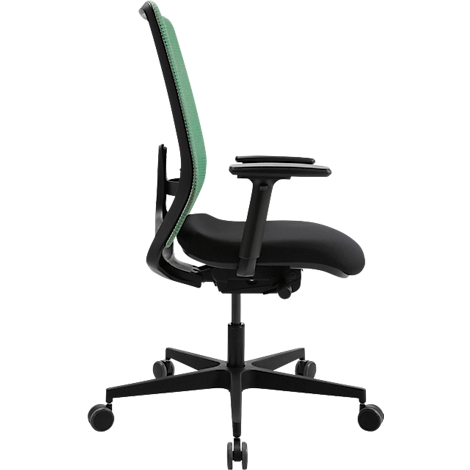Zijaanzicht van een ergonomische bureaustoel. De groene mesh rug staat in contrast met de zwarte zitting en het frame. Wielen aan de voet.
