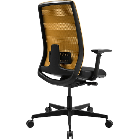 Bureaustoel van achteren, gele mesh, zwart frame en wielen.