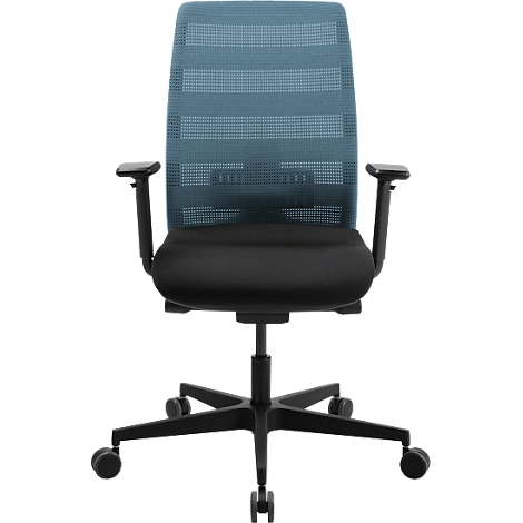 Bureaustoel met blauwe mesh rug en zwarte zitting, armleuningen en frame met wielen.