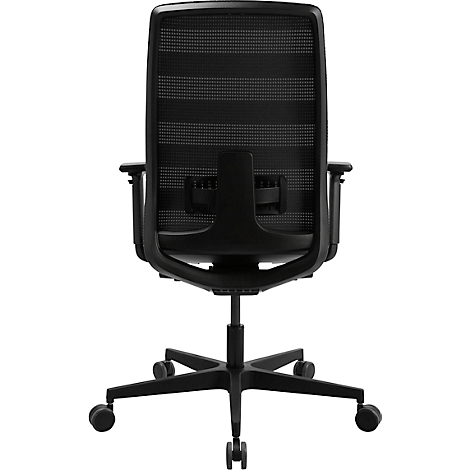 Zwarte bureaustoel van achteren. Mesh rug, armleuningen en rolsokkel. Centraal rugdeel voor hoogteverstelling.