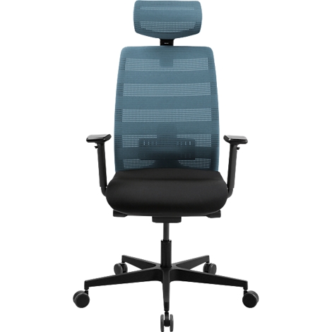 Bureaustoel met blauwe mesh rug en zwarte zitting. Zwarte armleuningen en frame. Wielen.